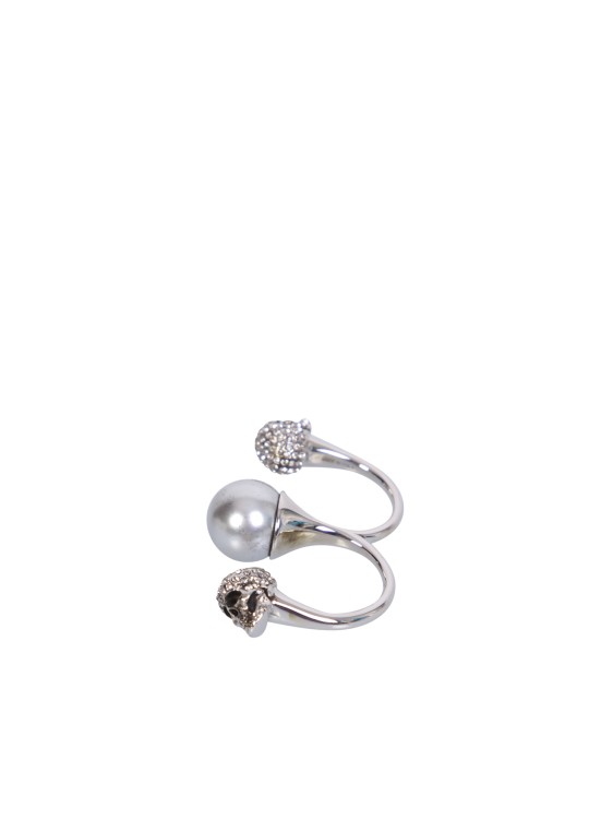 Shop Alexander Mcqueen Double Pearl Skull Silver Ring