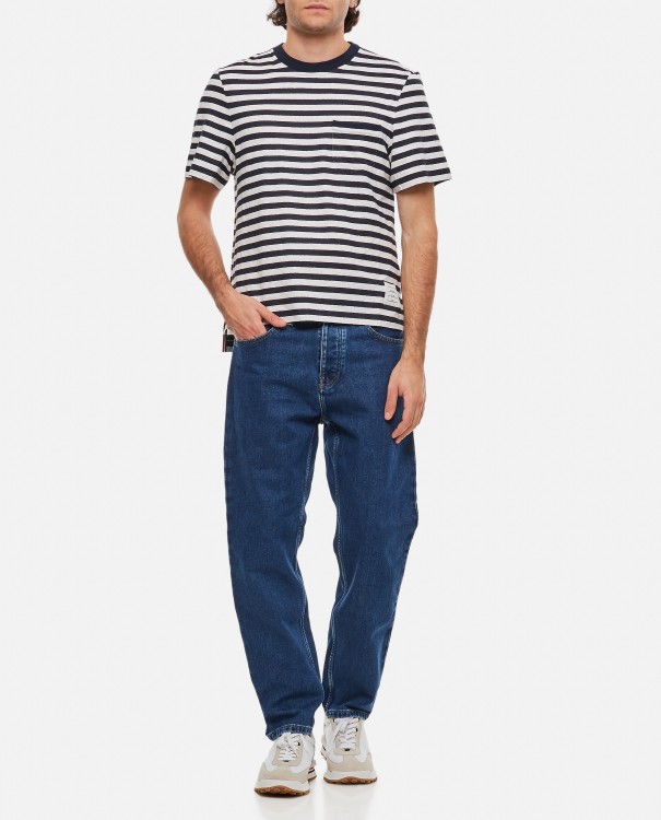 Shop Thom Browne Linen Striped Pocket T-shirt In Blue