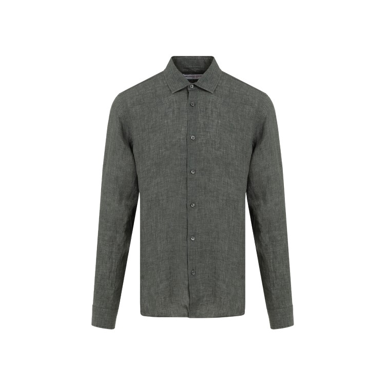 Shop Orlebar Brown Giles Stitched Ii Green Linen Shirt In Grey