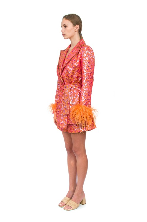 Shop Andreeva Red Jacqueline Jacket With Detachable Feather Cuffs