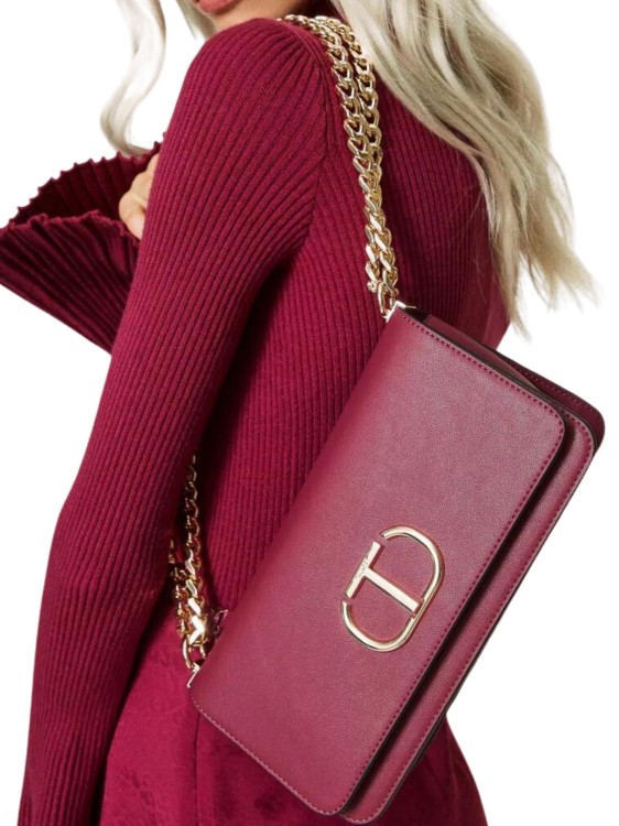 Shop Twinset Smooth Calfskin Effect Shoulder Bag With Metal Oval T Logo In Burgundy