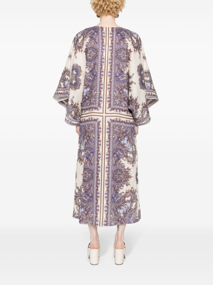 Shop Zimmermann Linen Dress With Intricate Print And Tie Neck Detail In Pink