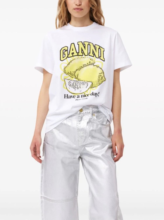 Shop Ganni Logo-print Organic-cotton T-shirt In White