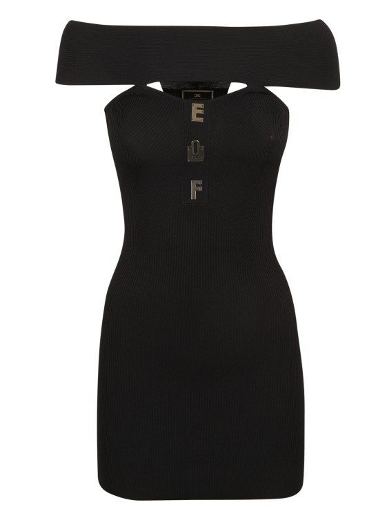 Shop Elisabetta Franchi Black Ribbed Knit Off-shoulder Dress