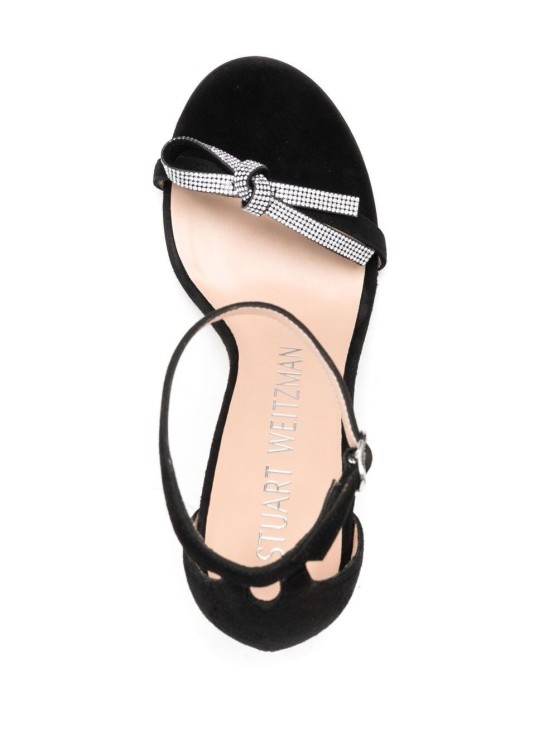Shop Stuart Weitzman Black Suede Sandals With Crystal Bow Detail