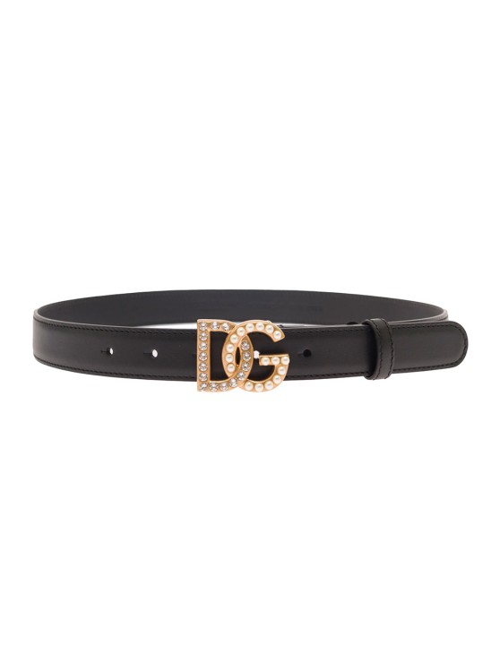 Shop Dolce & Gabbana Black Belt With Dg Logo Buckle With Pearls And Rhinestones In Smooth Leather