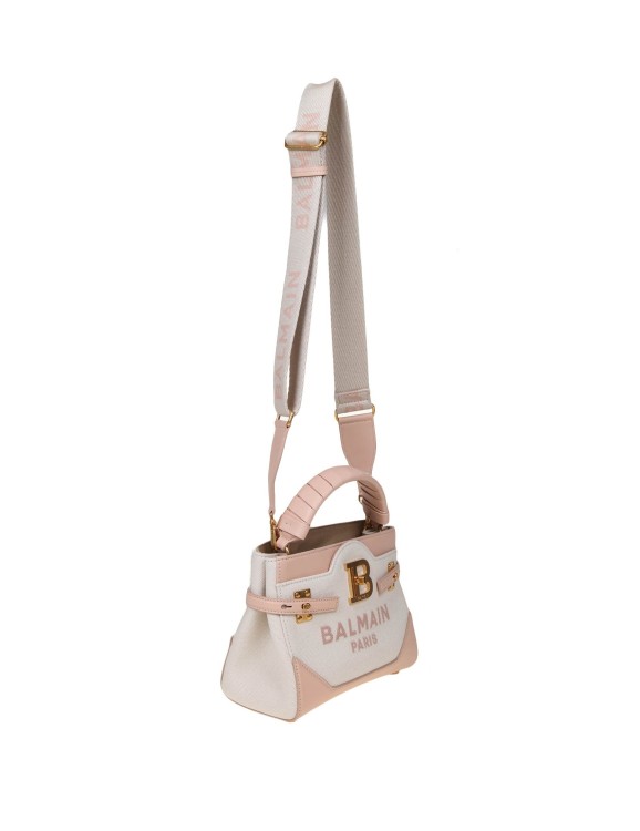 Shop Balmain B-buzz 22 Bag In Canvas And Leather Nude Pink