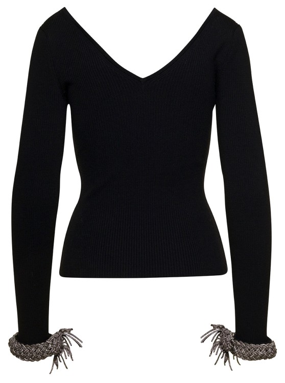 Shop Giuseppe Di Morabito Black Top With V Neckline And Embellished Wrist In Wool Blend