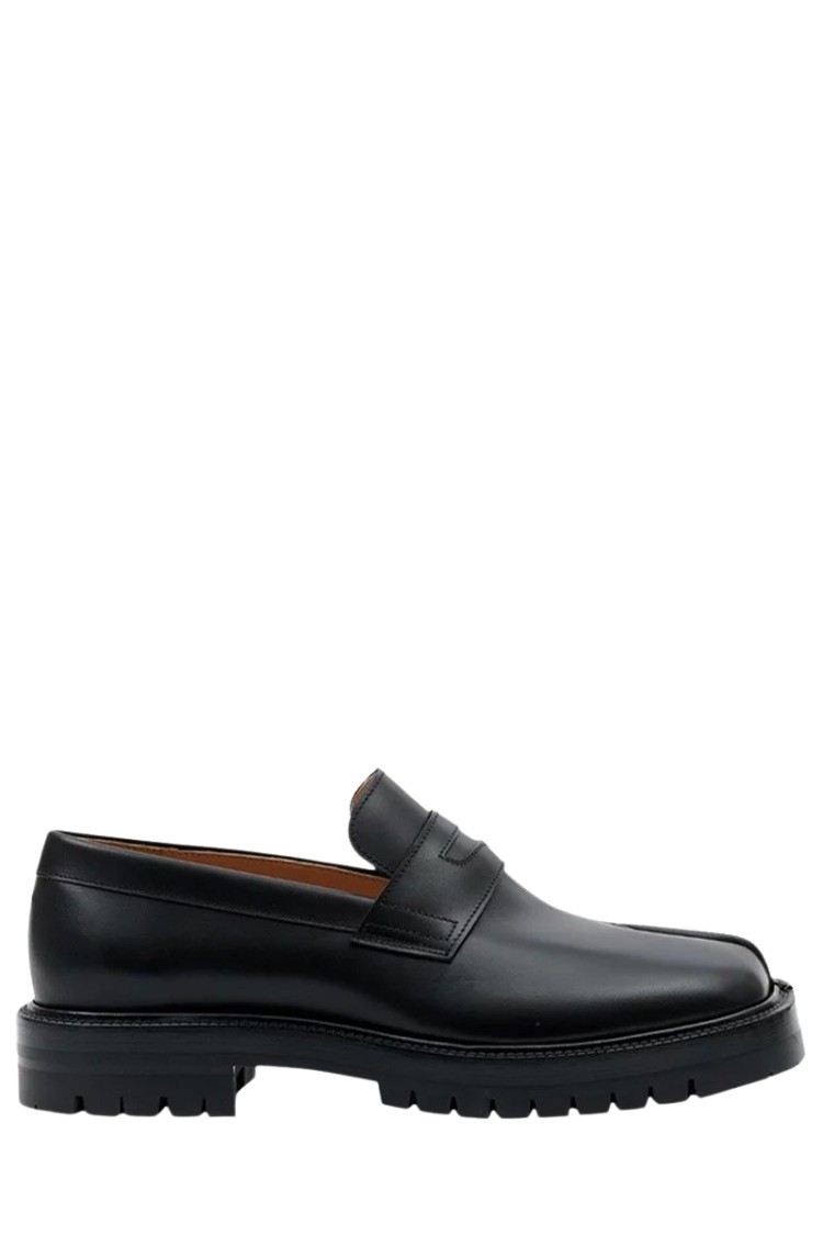 Maison Margiela Tabi County Split-toe Distressed Textured-leather Penny Loafers In Black
