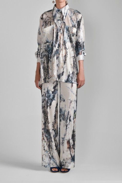 Shop Saiid Kobeisy Printed Sequin Asymmetrical Shirt In Grey
