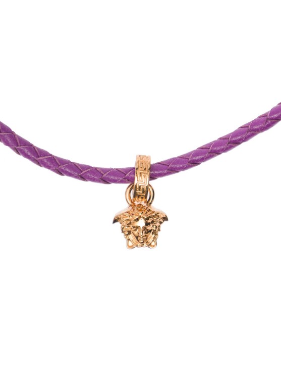Shop Versace Gold-tone Medusa Pendant Necklace In Violet Leather In Not Applicable