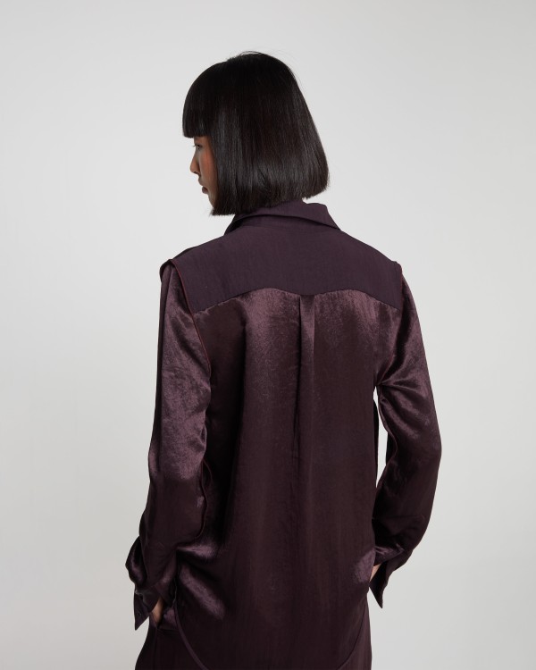 Shop Serena Bute Satin Inside Out Shirt - Maroon In Burgundy