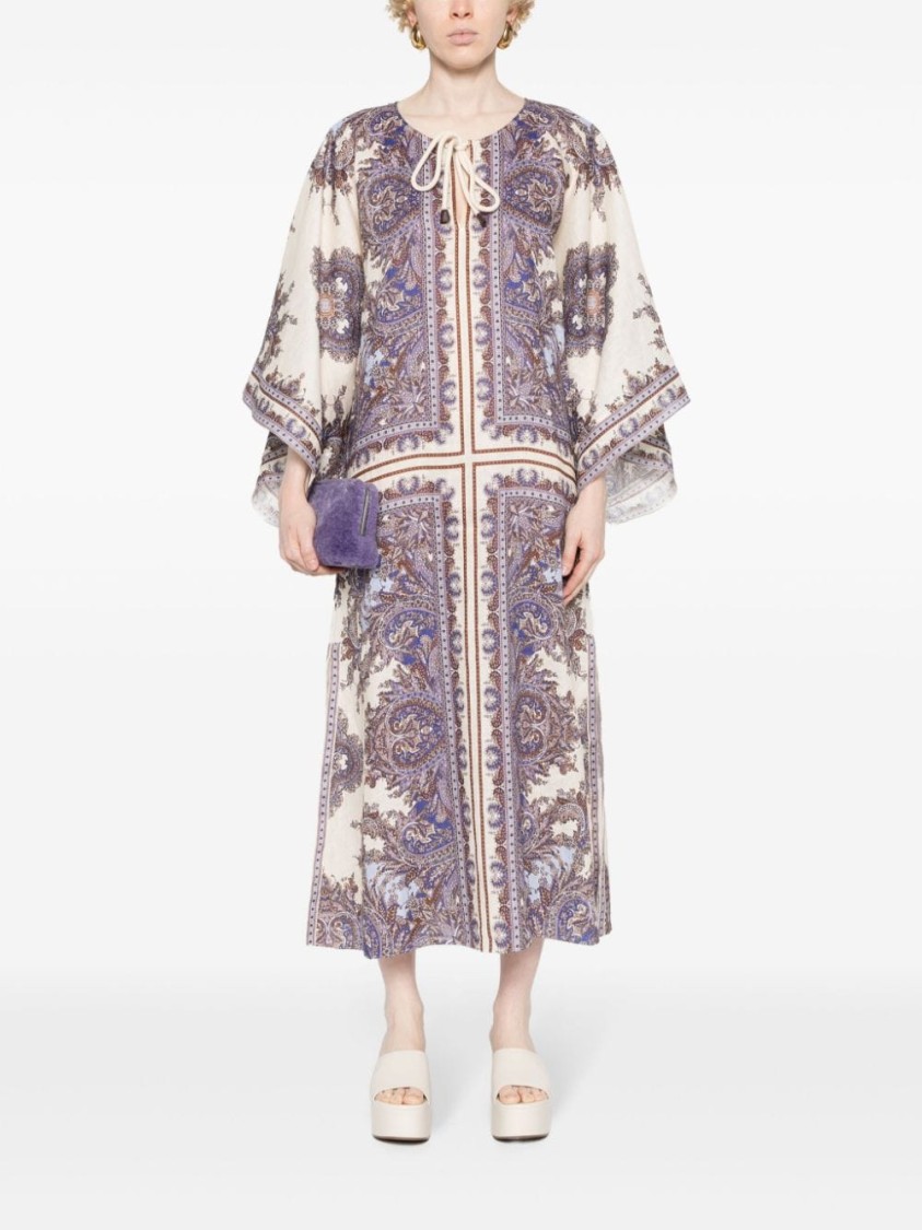 Shop Zimmermann Linen Dress With Intricate Print And Tie Neck Detail In Pink