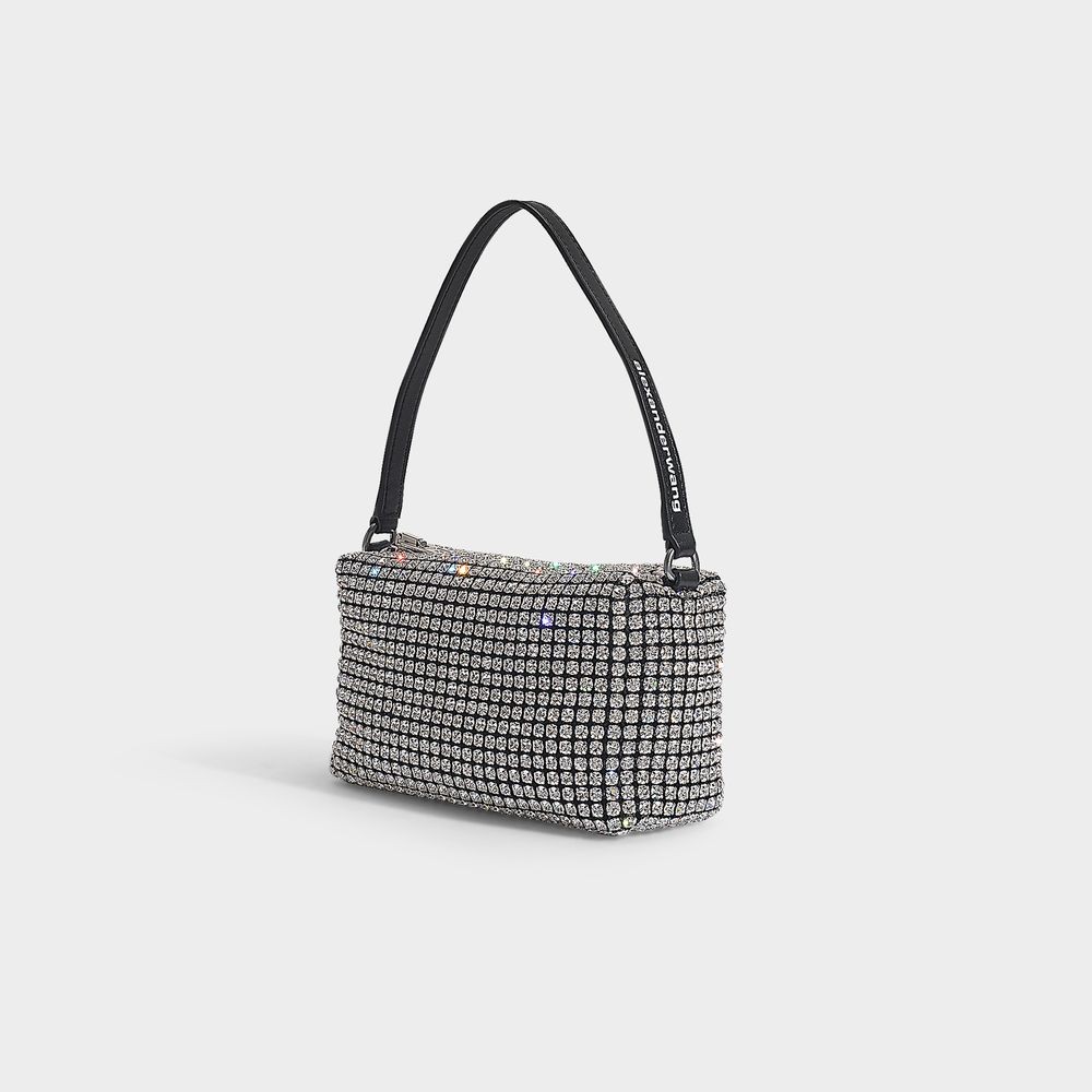 Alexander Wang Medium Heiress Shoulder Bag In Metallic Mesh With Crystal Rhinestones In Grey
