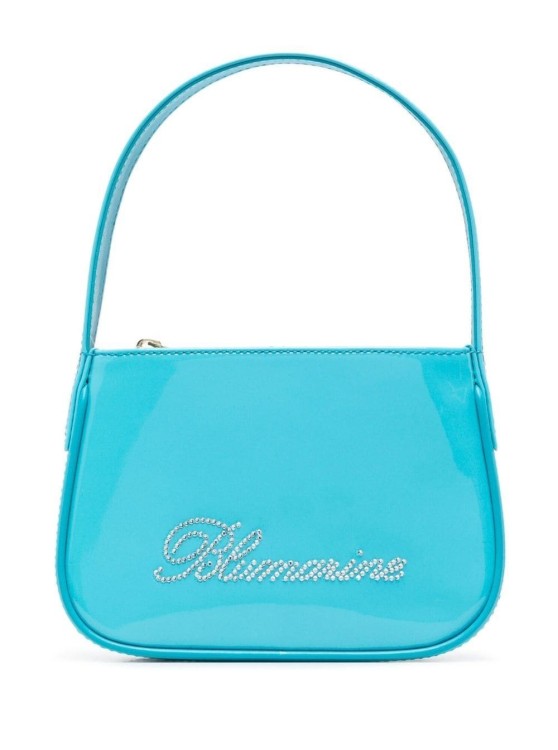 Blumarine Light Blue- Patent Finish Mini Bag With Rhinestone-embellished Logo In Calf Leather