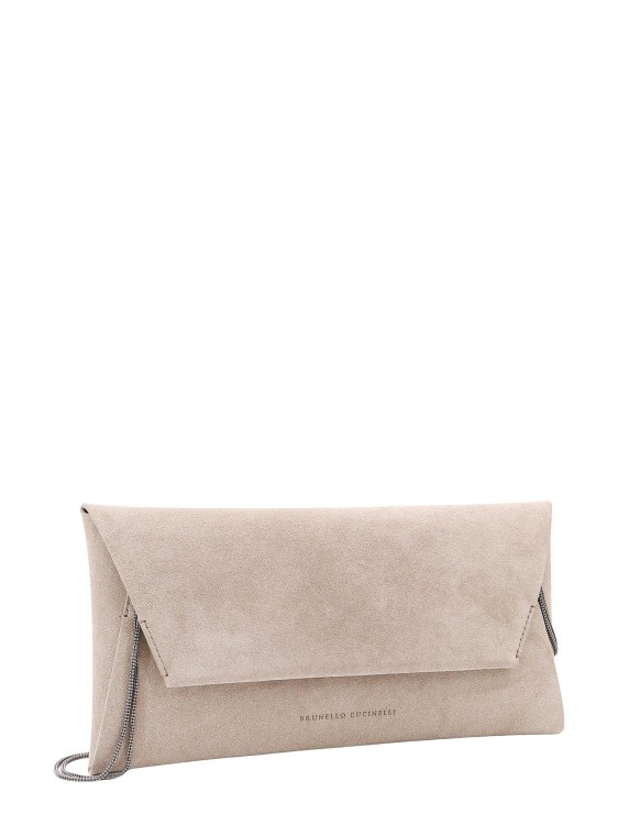 Shop Brunello Cucinelli Suede Shoulder Bag With Logo Print In Neutrals