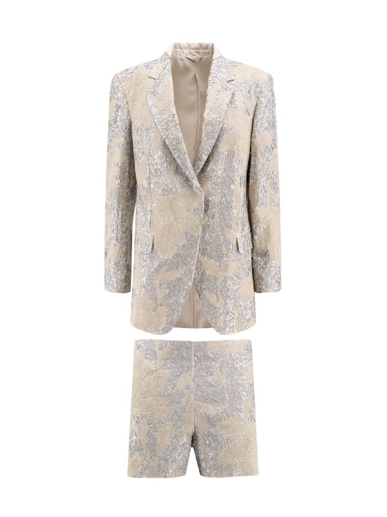 Shop Brunello Cucinelli Linen Suit With Magnolia Embroidery And Sequins In Neutrals