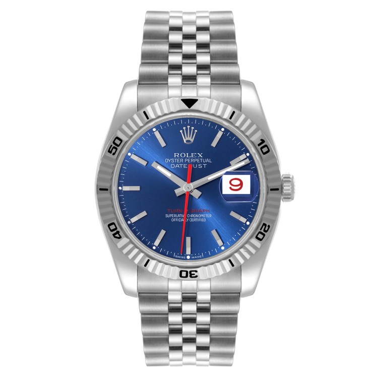 Datejust Turnograph Steel White Gold Blue Dial Mens Watch 116264