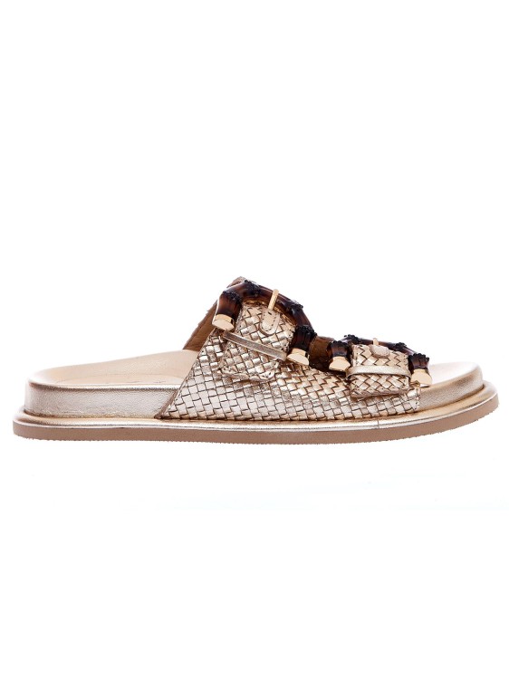Emanuélle Vee Two-band Woven Gold Sandals In Neutrals