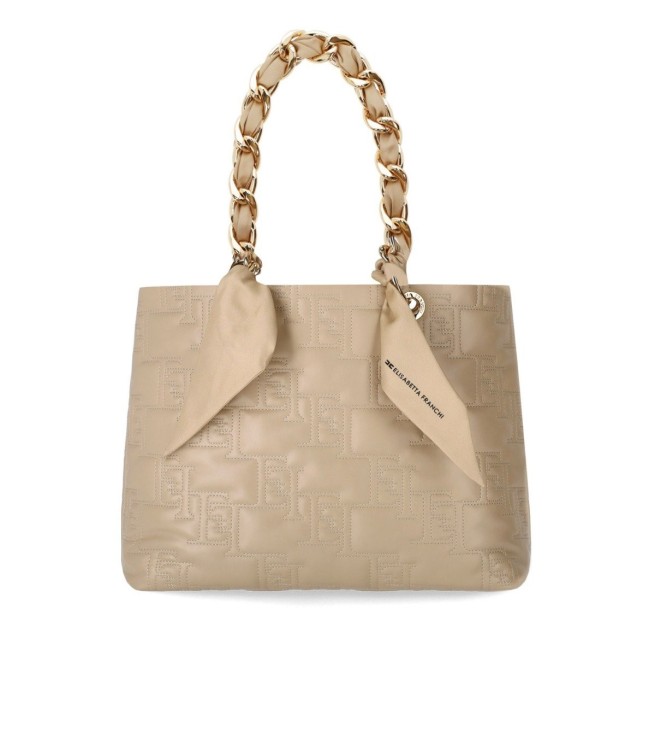 Shop Elisabetta Franchi Beige Shopping Bag With Chain Foulard Scarf In Neutrals