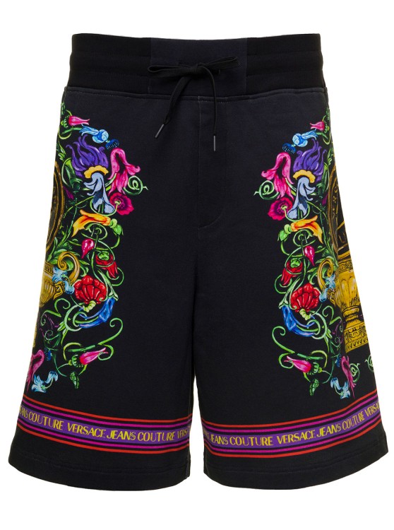 Shop Versace Jeans Couture Black Shorts With Floreal And Logo Lettering Print In Cotton