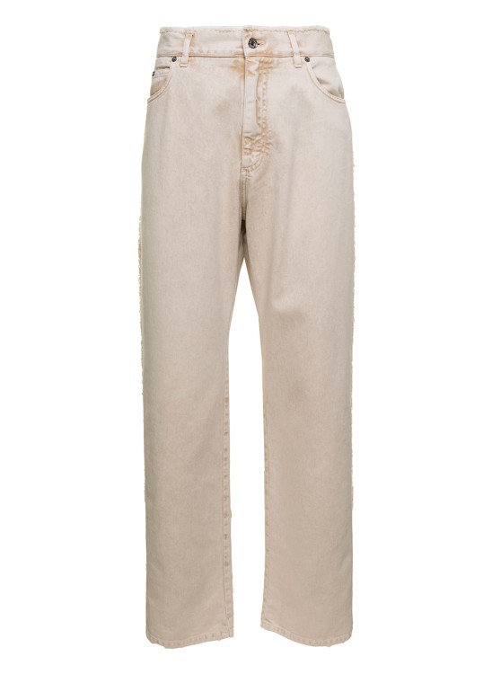 Dolce & Gabbana Cream Whie Wide-leg Jeans With Logo Plaque In Cotton Denim In Neutrals