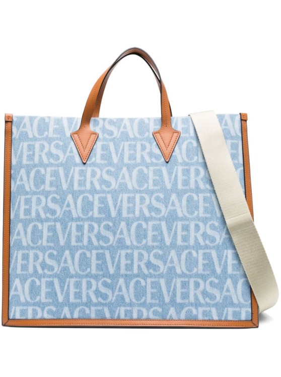 Shop Versace Tote Bag With All-over Logo Print In Light Blue Canvas