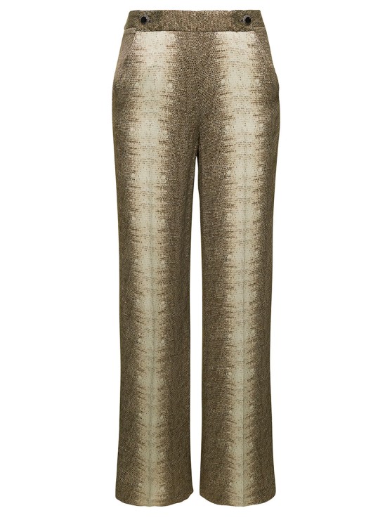 Shop Twinset Beige High-waisted Pants With Animalier Print In Viscose In Gold