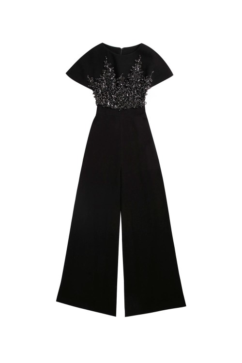 Saiid Kobeisy Flared Crepe Jumpsuit With Embroidery In Black