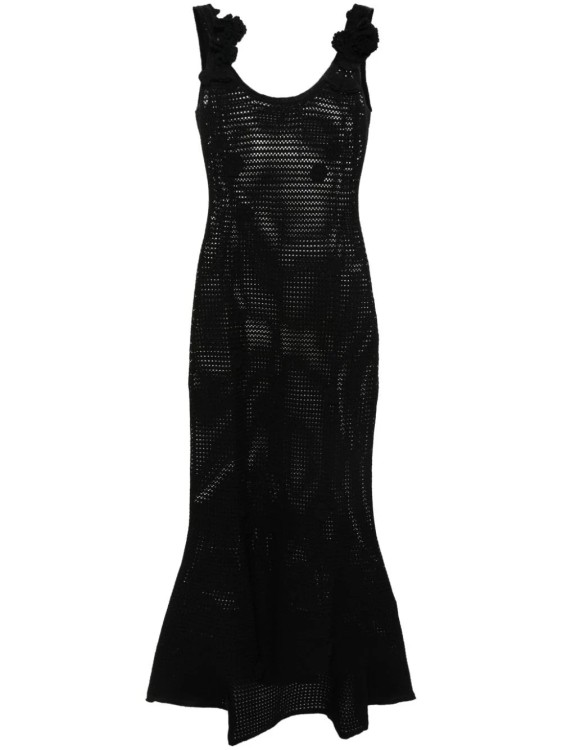 Shop Self-portrait Floral-appliqué Open-knit Dress In Black