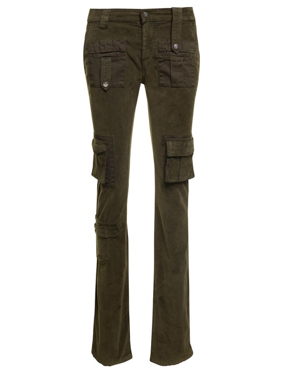 Shop Blumarine Military Green Low-waisted Cargo Pants With Logo Patch In Velvet In Black