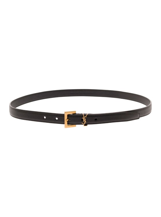 Saint Laurent Black Belt In Leather With Gold-tone Buckle And Monogram Detail