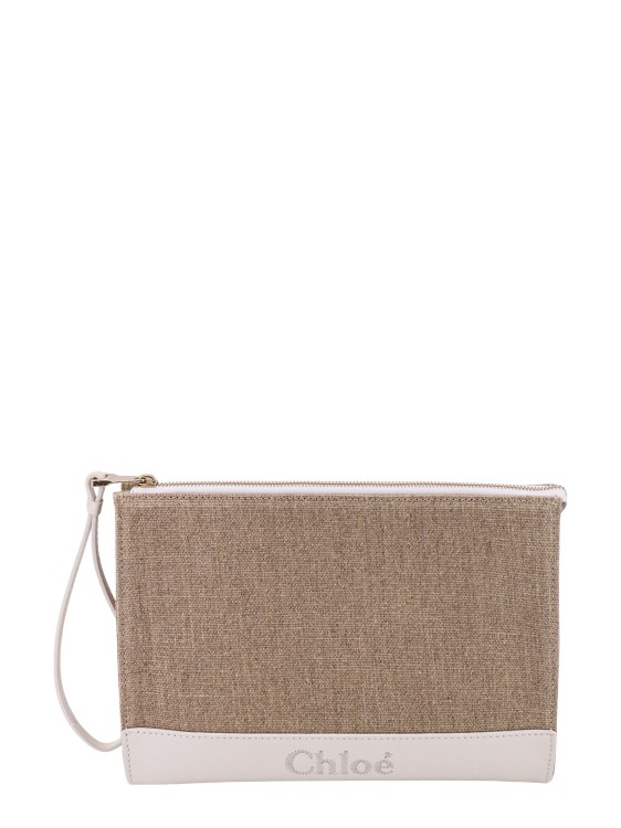 CHLOÉ EMBROIDERED LOGO CANVAS AND LEATHER CLUTCH