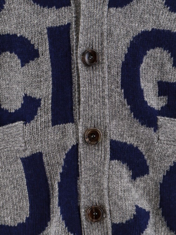 Shop Gucci Wool Cardigan With All-over Logo In Grey