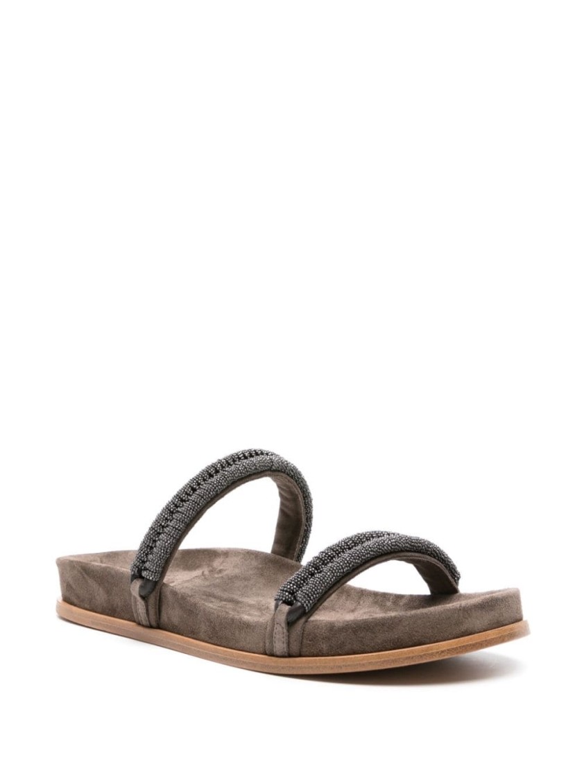 Brunello Cucinelli Slide Sandals With Monili Decoration In Grey