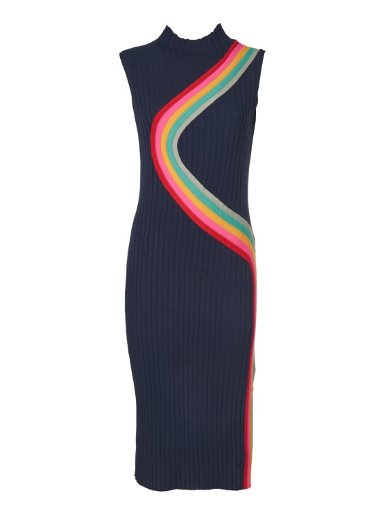 Paul Smith Blue Knit Dress With Multicolor Striped Print In Black