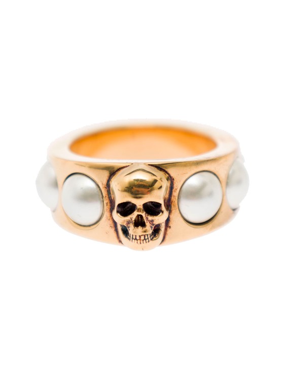 Alexander Mcqueen Antique Gold-tone Ring With Skull And Pearl Embellishment In Brass In Not Applicable