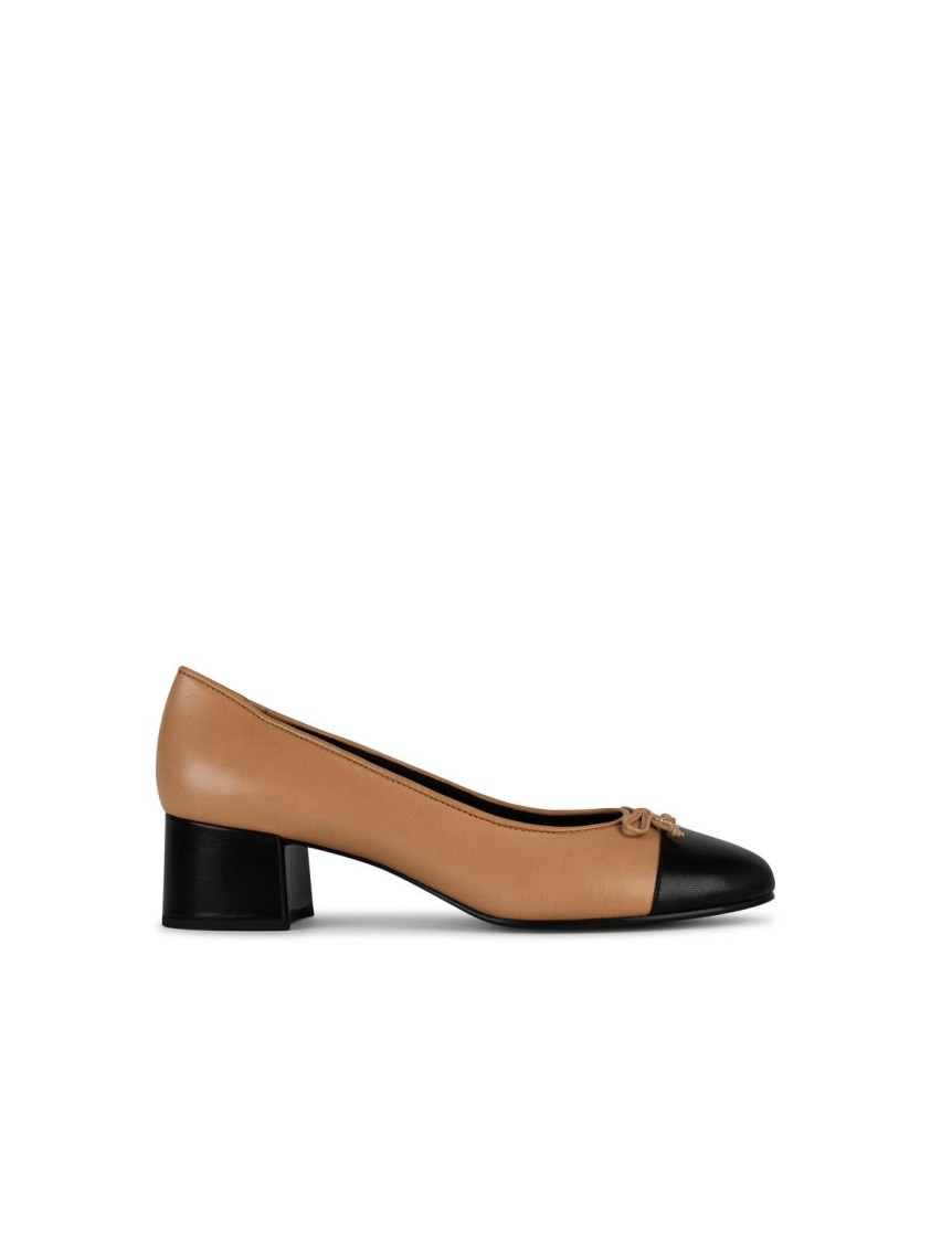 Tory Burch Beige And Black Ballet Flats With Bow Detail And Bi-color Toe In Smooth Leather Woman In Brown