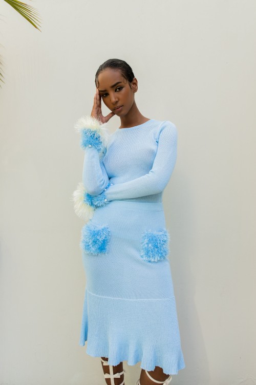Shop Andreeva Baby Blue Knit Skirt With Handmade Details