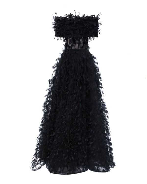 Gemy Maalouf Fully Intricated Feather Dress - Long Dresses In Black