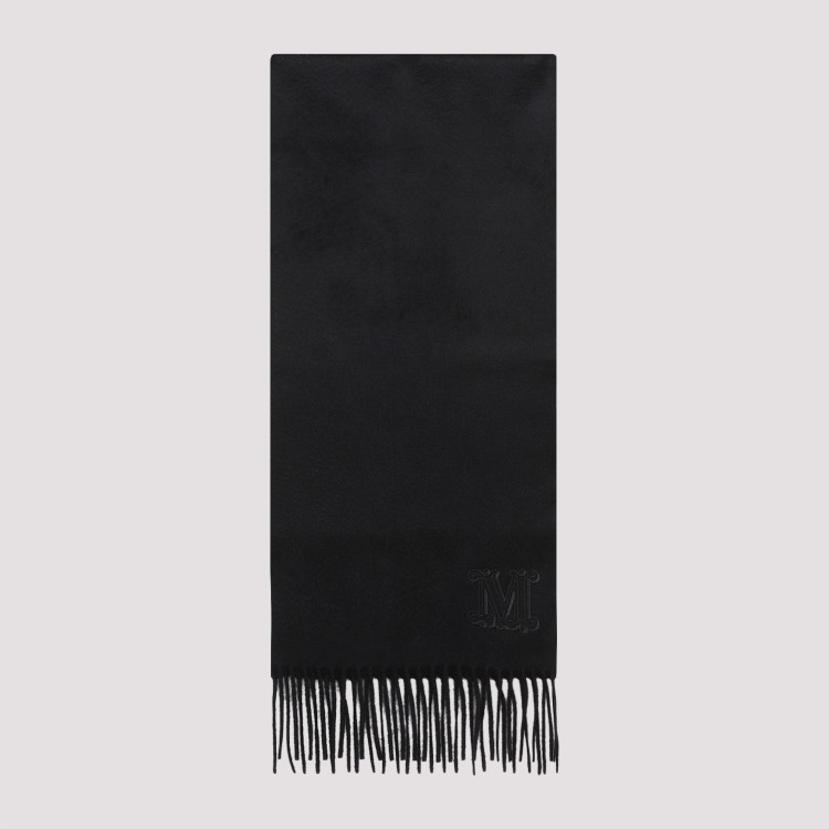 Max Mara Luxurious Cashmere Scarf With Fringed Hem And Logo Embroidery In Black