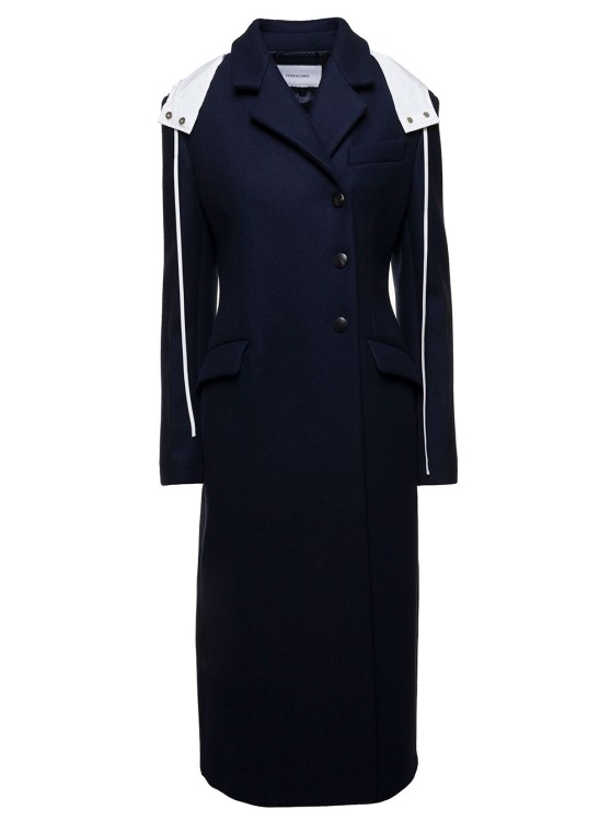 Shop Ferragamo Long Blue Coat With Contrasting Detachable Hood In Wool