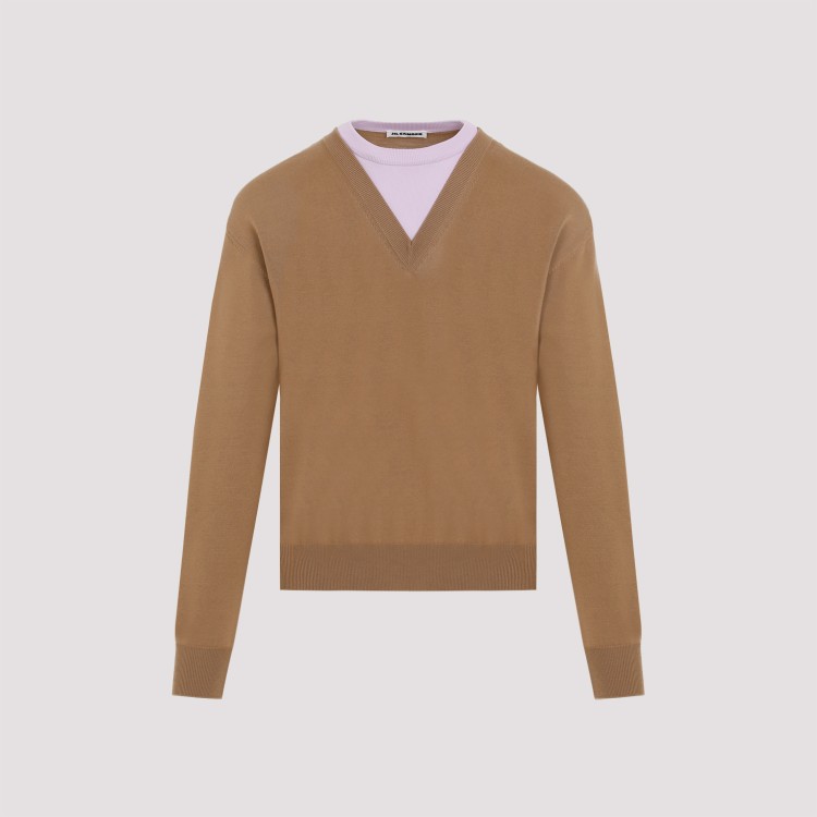Jil Sander Brown And Lillac Double-neck Sweater In Wool Man In Brown