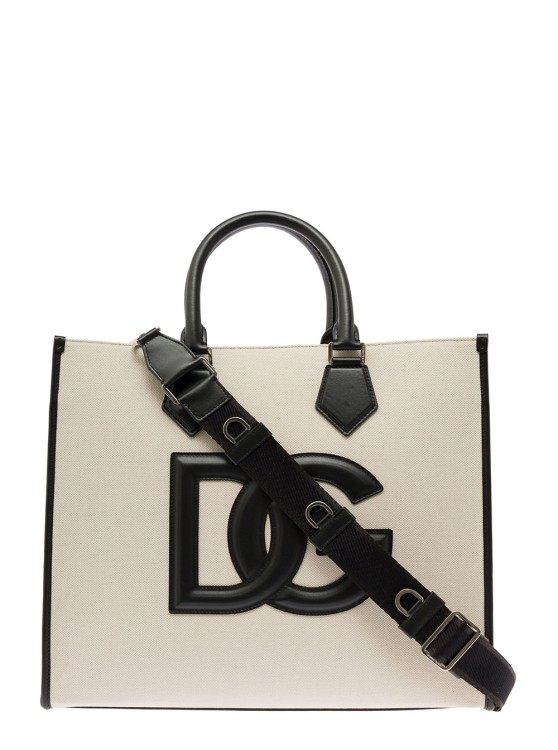 Dolce & Gabbana Black And White Cotton Shopper Bag With  Embossed Logo In Neutrals