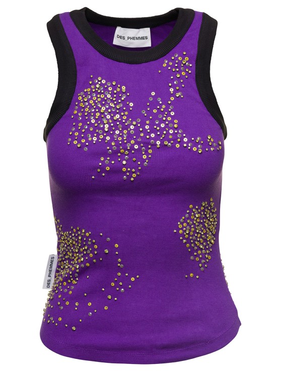Shop Des Phemmes Purple Ribbed Tank Top With Paillettes Embroidery In Stretch Cotton Woman