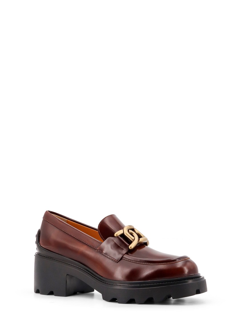 Tod's Leather Loafer With Frontal Metal Chain In Brown