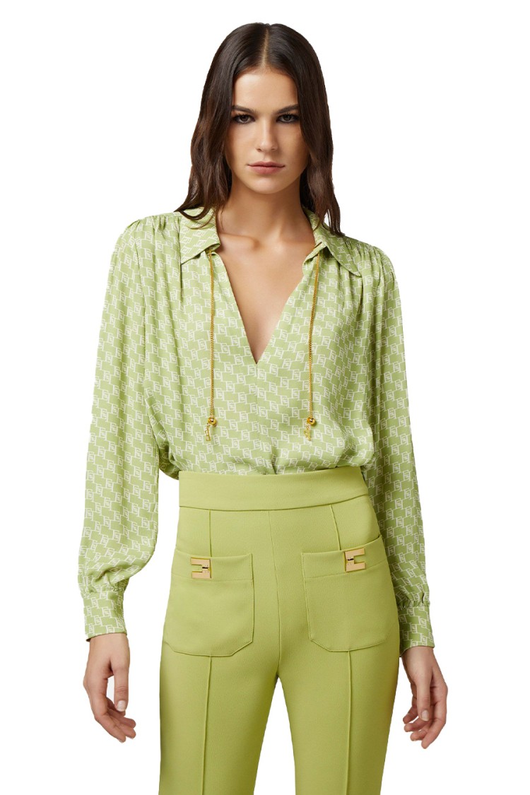 Elisabetta Franchi Monogram-print Cady Blouse In Green