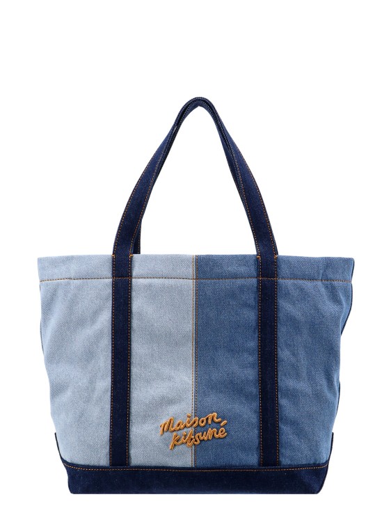 Shop Maison Kitsuné Denim Shoulder Bag Wit Iconic Print In Blue
