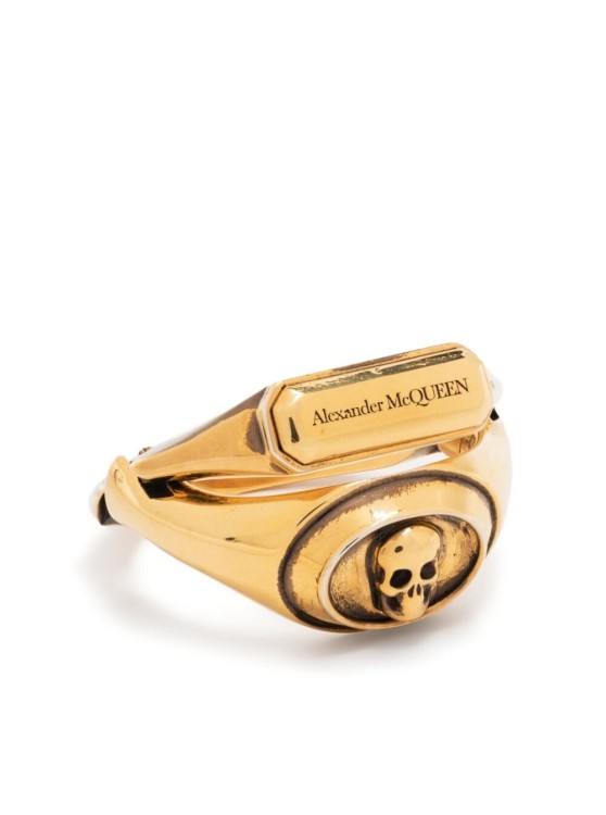 Alexander Mcqueen Gold-colored Double Ring With Skull Detail And Embossed Logo Lettering In Brass In Not Applicable