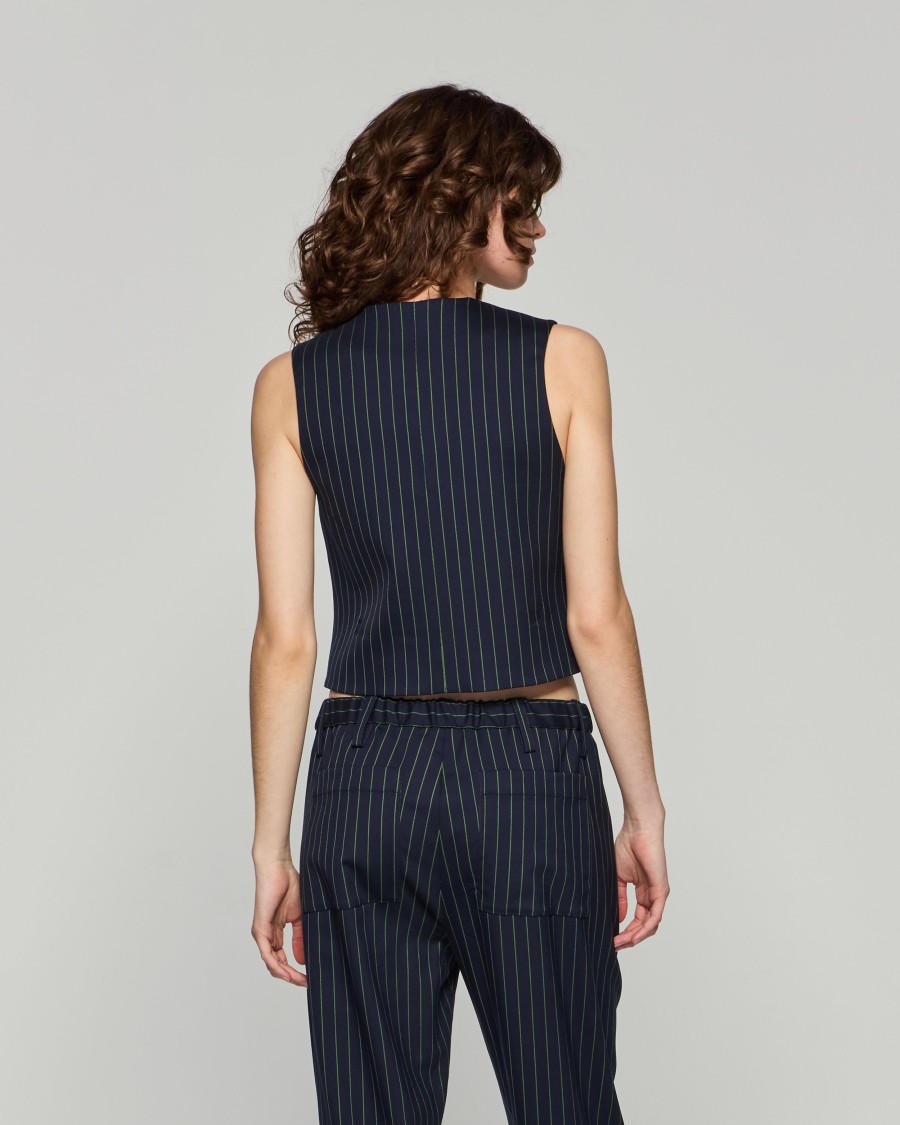 Serena Bute Wool Pinstripe Waistcoat - Navy/green In Blue